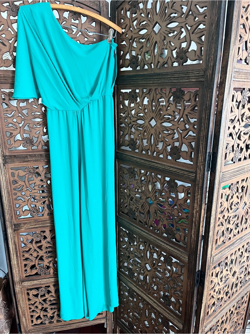 BCBGMAXAZRIA Womens One Shoulder Wide Leg Jumpsuit‎ Emerald Green Size 0